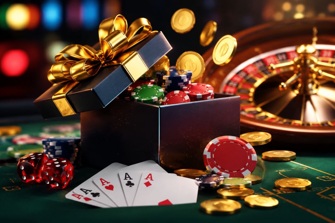 A gift box overflowing with poker chips, playing cards, and casino tokens on a green felt table next to a roulette wheel
